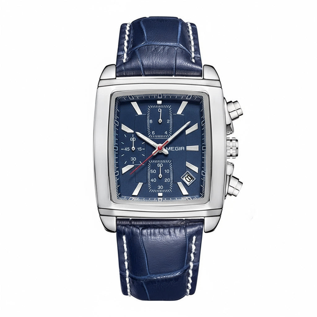 Rectangle Dial Leather Strap Watch for Men Casual Blue Chronograph Quartz Watches Man Wristwatch Montre Reloj Часы М�